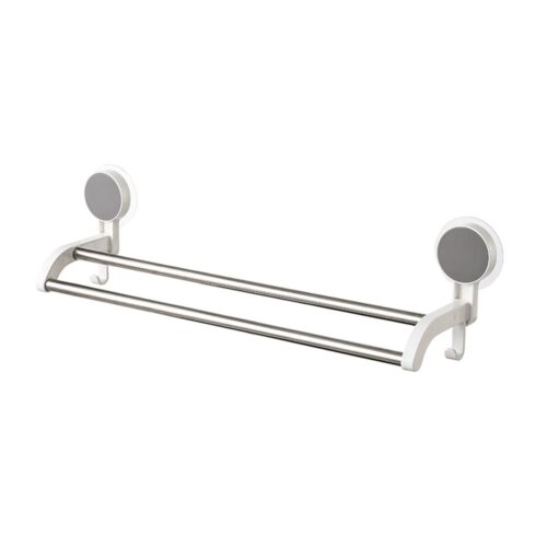 Cetomo Wall Mounted Double-Bar Towel Rack with 2 Hooks for Shower Pouf Cleaning Cloth Brush Scoop Kitchen Bathroom, Plastic Frame Iron Rod No Drill Adhesive, White