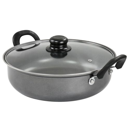 Gibson Everyday Highberry Non Stick Steel All Purpose Frying Pan with Lid, 12-inch Length, Charcoal, Kitchen Cooking Accessories, 127790.02